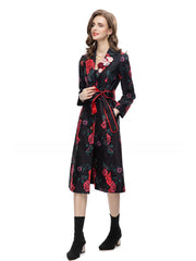 Women's Slim Fit Black Floral Rose Trench Coat