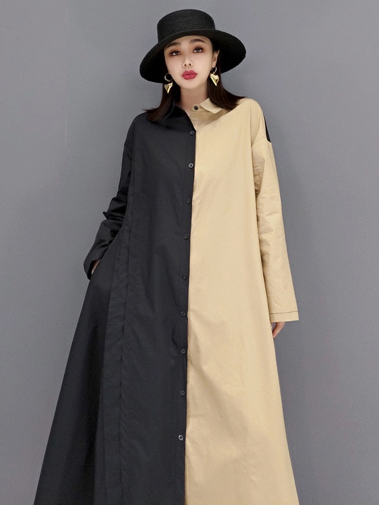 Chic Stylish Khaki & Black Long Sleeve Blouse Dress