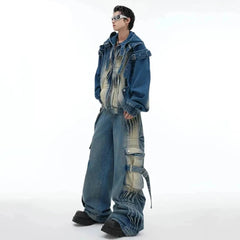 Men's 2 Piece Distressed Denim Jacket & Cargo Jeans Set