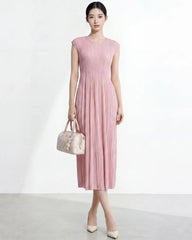 Crinkle Waist-Defined Pleated Dress