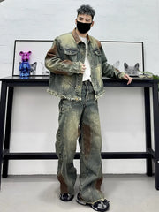 Men's Brown Dyed Denim Distressed Jacket and Jeans Set