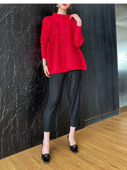 Luxury Red Pleated Asymmetrical Plissé Cardigan