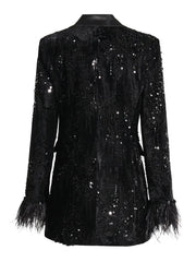 Women's Feather Sleeve Black Sequin Boyfriend Blazer