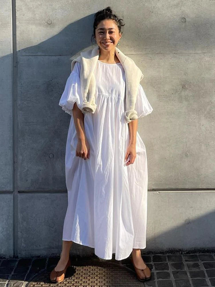 Women's Long Cotton Sundress with Balloon Sleeves