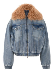 Women's Luxe Faux Fur Denim Bomber Jacket