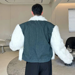 Men's Denim & Fluffy Faux Fur Short Coat