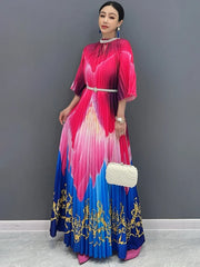 Women's Stylish Pink & Blue Gradient Pleated Midi Dress