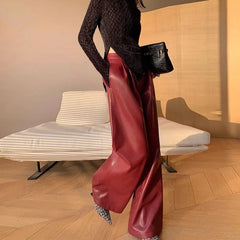 HEYFANCYSTYLE Red Luxe PU Leather Wide Leg Pants
