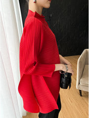 Luxury Red Pleated Asymmetrical Plissé Cardigan