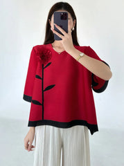 Luxury Flower Pleated Blouse Top