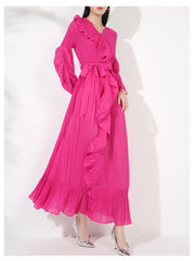 Pleated Plissé Ruffle Trim Maxi Dress