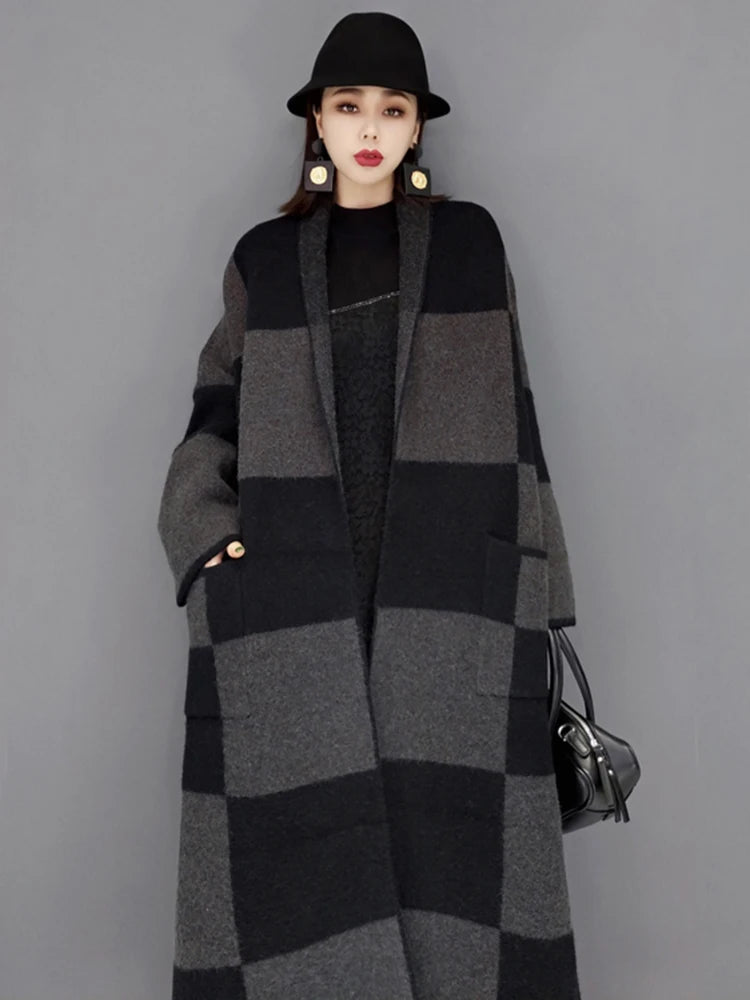 HEYFANCYSTYLE Checkered Hand-Knit Overcoat