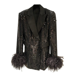 Women's Luxe Black Sequin Feather Sleeve Blazer