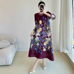 Luxury Floral Midi Dress - Truly Pleated 3/4 Sleeves