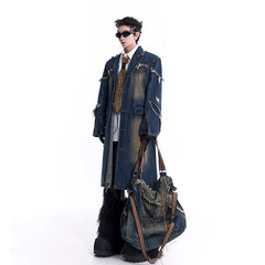 Men's Rugged Denim Streetwear Long Coat