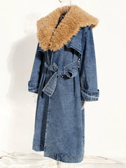 Women's Denim Trench Coat – Detachable Faux Fur Collar