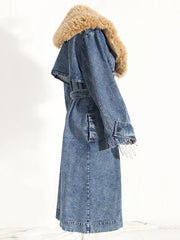 Women's Denim Trench Coat – Detachable Faux Fur Collar