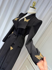 Luxury Black Belted Long Coat with Butterfly Details