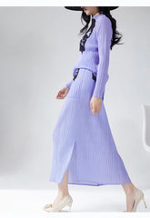 Plisse Pleated Long Sleeve Top & Pull-On Midi Skirt