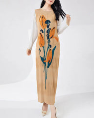 Floral Plissé Long Sleeve Dress