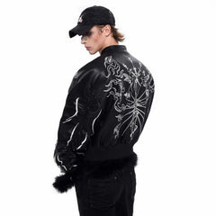 Men's Leather Embroidered Bomber Jacket