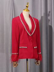 Luxury Feather Crystal Collar Blazer