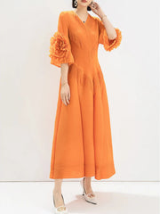 Floral Sleeve Pleated Cocktail Midi Dress