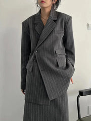 Asymmetrical Pinstripe Blazer & Maxi Skirt Suit