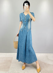 Luxury Denim Plissé Skirt Set