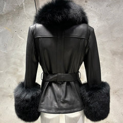 Women's Premium Fox Fur Collar Leather Winter Jacket Coat