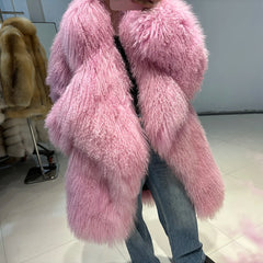 Luxurious Pink Mongolian Curly Shearling Coat