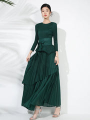 Maxi Skirt Set with Pleated Long Sleeve Top