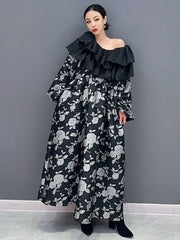 Retro Floral Charm Oversized Ruffle Collar Long Dress