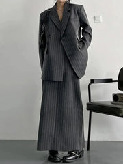 Asymmetrical Pinstripe Blazer & Maxi Skirt Suit