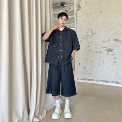 Men's High Society Denim Shirt and Long Shorts Set