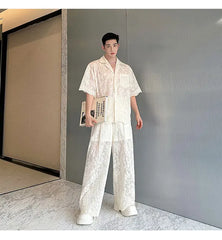 Men's Sheer 2-Piece Embroidery White Lace Suit Set