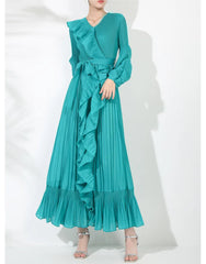 Ruffle Pleated V-Neck Dress