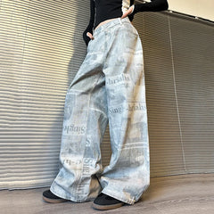 Women's Acid Washed Baggy Newspaper Print Jeans