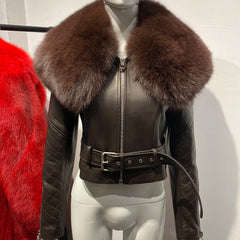 Leather Moto Jacket for Women - Real Fox Fur Trim