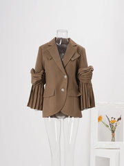 Women's Brown Blazer with Pleated Knotted Sleeves