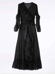 Ruffle Pleated V-Neck Dress