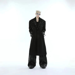 Men's Extra Long Black Trench Coat with Pearls