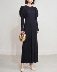 Puff Sleeve Plissé Midi Dress