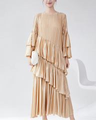 Elegant Bell-Sleeve Plissé Dress
