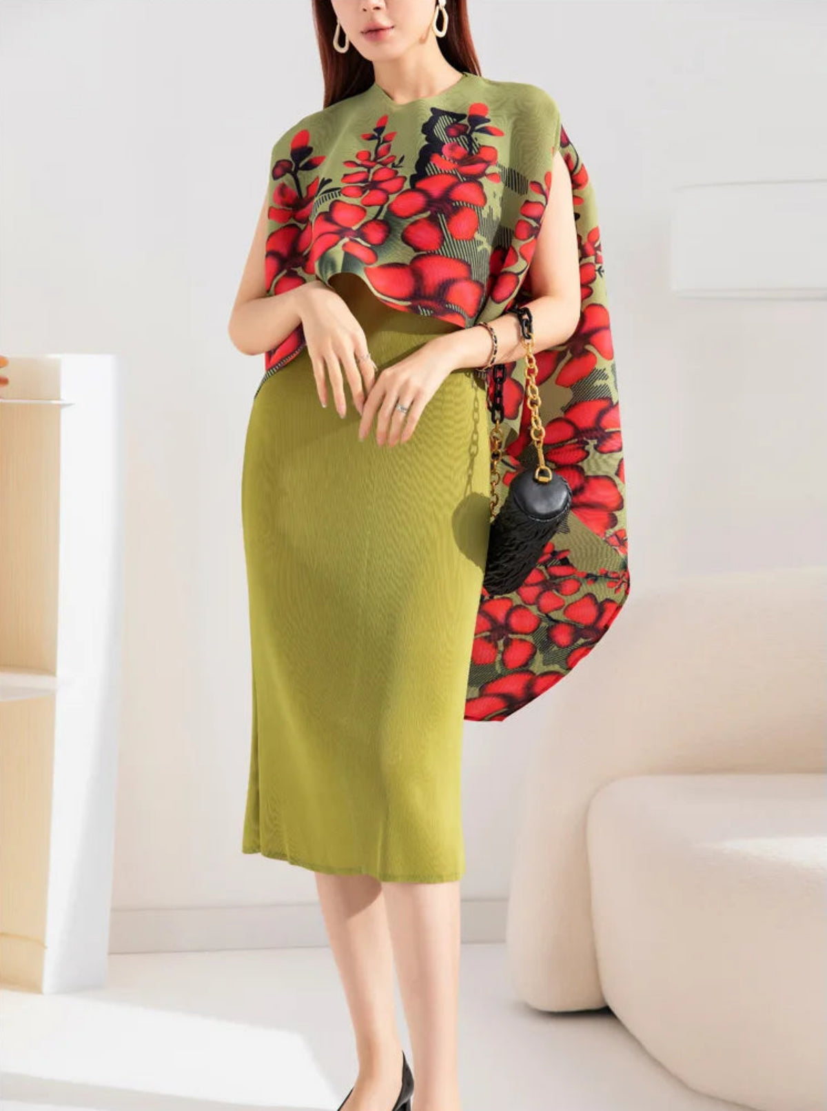 2-Piece Pleated Dress & Shawl