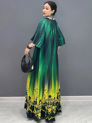 Women's Floral Green & Yellow Ombre Pleated Midi Dress