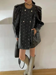 Vegan Leather Polka Dot Puff Shoulder Coat