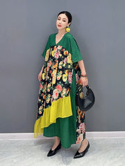 Green & Yellow Floral V-Neck Short Sleeve Maxi Dress