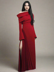 Asymmetric Long Sleeve Off-Shoulder Slit Dress