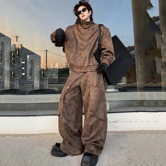 Men's 2 Piece Set Brown Streetwear Jacket & Pants